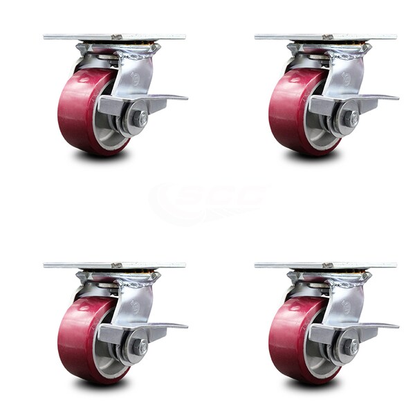 4 Inch Heavy Duty Poly on Aluminum Caster Set with Ball Bearings and Brakes SCC